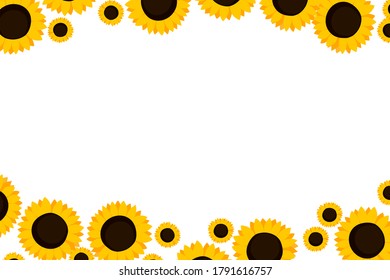 Floral frame with orange sunflowers on white background. Ornate border with flowers. Vector stock illustration for wallpaper, posters, card.  Doodle style. Copy space.