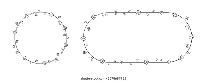 Floral Frame Outline Doodle Set. Botanical circle border template, flourish design element for wedding, greeting card.