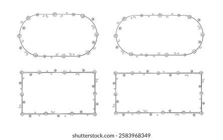 Floral Frame Outline Doodle Set. Spring border template, flourish design element for wedding, greeting card.