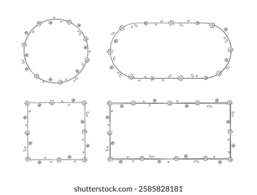 Floral Frame Outline Doodle Set. Spring border template, flourish design element for wedding, greeting card.
