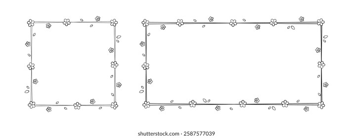 Floral Frame Outline Doodle Set. Spring border template, flourish design element for wedding, greeting card.