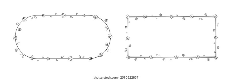 Floral Frame Outline Doodle Set. Botanical border template, flourish design element for wedding, greeting card.