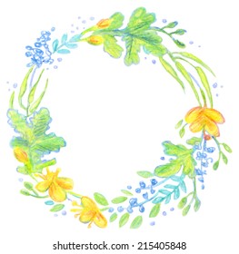 Floral Frame painted with colored pencils. Cute retro flowers arranged un a shape of the wreath perfect for wedding invitations and birthday cards