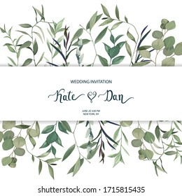 Floral frame with palm herbal branches and grass. Wedding invitation, save the date, rsvp, invite card. Vector illustration. Celebration template