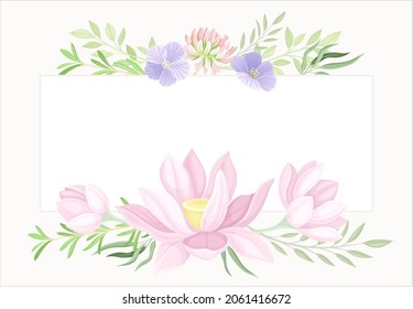 Floral frame in pastel colors. Wedding invitation, postcard, poster, flyer with flowers vector illustration