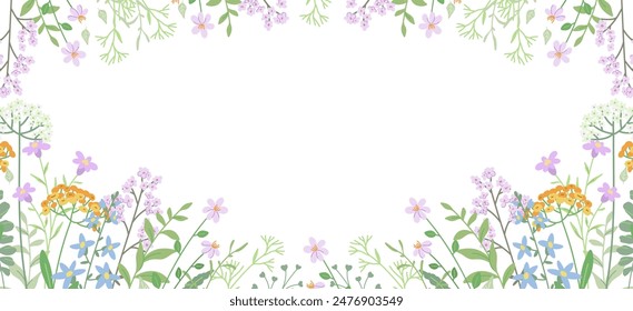 Floral frame with a pattern of meadow wildflowers and herbs. Cute nature background with small flowers. Botanical flat vector illustration on white background 