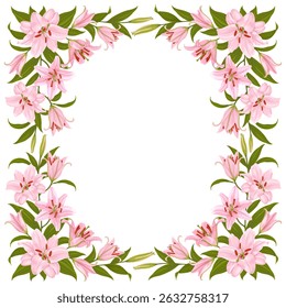 Floral frame with pattern of pink lily flowers. Lilies vignette. Cute floral decoration. Border with daylily, flowers, leaves, buds isolated on white background. Vector illustration