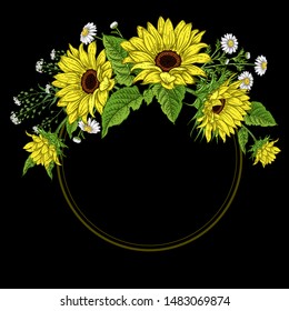 Floral frame pattern. Sunflowers and wild flowers. Decorative vector illustration. Vintage. Hand realistic drawing.
