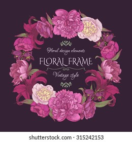 Floral frame with peonies and lilies. Vintage card in shabby chic style. Vector illustration.