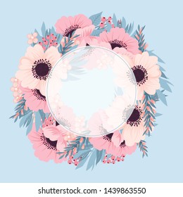 Floral frame with pink and blue flower. Wreath