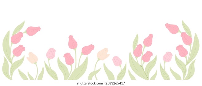 Floral frame with Pink flower tulips and leaves. Horizontal Template with copy space for text. Springtime, wedding invitation concept. Vector illustration. Design for card, banner, poster