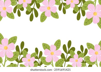 Floral frame with pink flowers and green leaves on white background. Cute blooming decor illustration in vector spring - romantic style. For banners, cards, invitations.