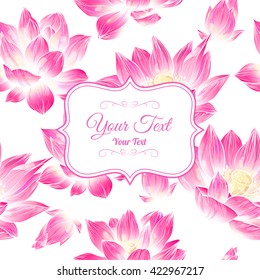 Floral frame with pink lotus.  Invitation or greeting card design.Vector illustration