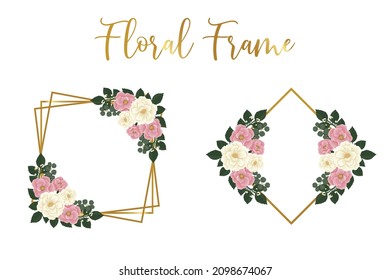 Marco floral Pink Mini Rose flor plantilla de diseño, acuarela digital dibujada a mano