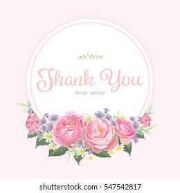 floral frame of pink rose flowers, daisy and blue chrysanthemum with leaves in watercolor style.