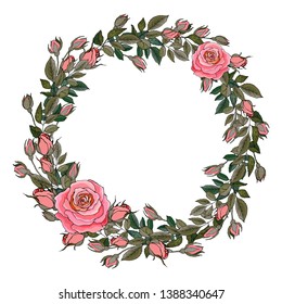Floral Frame with pink rose and green leaves. Wreath for wedding stationary, fashion, wallpapers, greetings, background for save the dates.