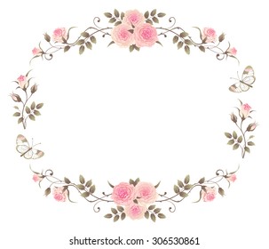 Floral frame with pink roses and butterflies isolated on a white background. Vector design english roses elements. Beautiful floral vignettes.
