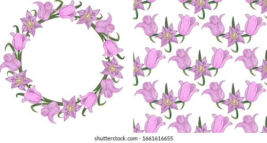 Floral frame of pink tulips, seamless pattern with pink tulips on a white background, wreath of pink tulips, vector set
