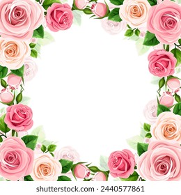 Floral frame with pink and white rose flowers. Vector roses card design. Hand-drawn illustration, not AI
