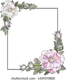 Floral Frame with pink wild rose and green leaves. Rectangular frame for wedding stationary, fashion, greetings, background for save the dates.