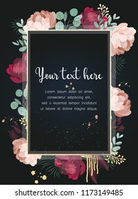 Floral frame with place for text over dark background. Wedding invitation card. Vector illustration