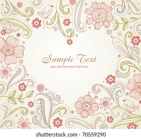 Floral frame with place for your text in heart shape.  Elegant wedding card.