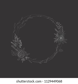 Floral frame with plant. Flower decoration for greeting card.