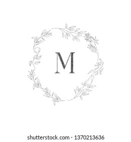 Floral frame with plant. Flower decoration for greeting card and monogram. Vintage botanical border. Line Art.