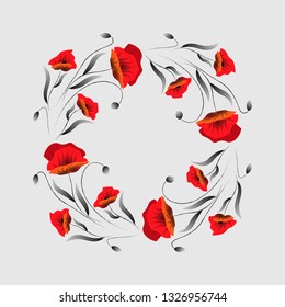 Floral frame. Poppy wreath. Red poppy flower .