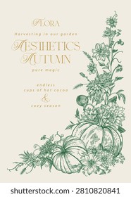 Floral frame with pumpkins, berries, and garden flowers. Autumn background.  Engraving style illustration. Green