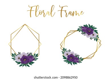 Floral Frame Purple Peony flower Design Template, Digital watercolor hand drawn svg