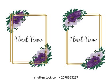 Floral Frame Purple Peony flower Design Template, Digital watercolor hand drawn