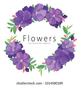 Floral frame with purple princess flower or tibouchina urvilleana and leaf on white background. Vector set of blooming floral for wedding invitations and greeting card design.