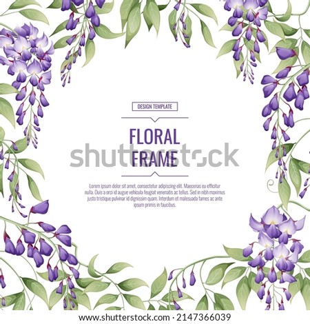 Floral frame with purple wisteria. Square background for the design of invitations, cards, banners, flyers, posters.