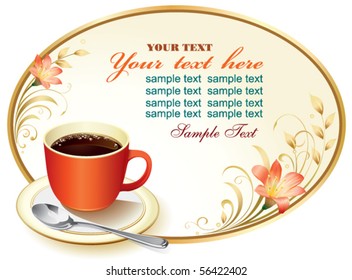 floral frame with a red cup of coffee