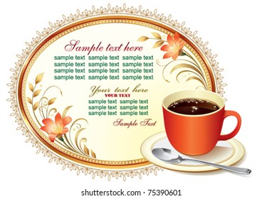 floral frame with a red cup of coffee