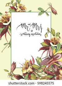 Floral frame with red flowers on light background. Greeting card or template for wedding's Day design. Lettering - Mr and Mrs, wedding invitation