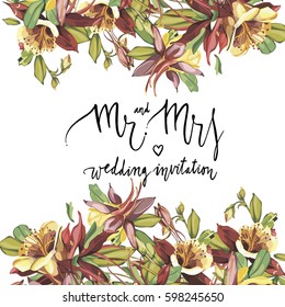 Floral frame with red flowers on light background. Greeting card or template for wedding's Day design. Lettering - Mr and Mrs, wedding invitation