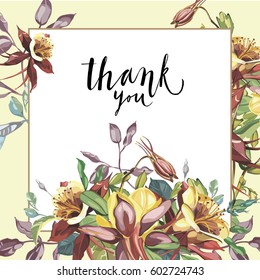 Floral frame with red flowers on light background. Greeting card design. Lettering - Thank you. EPS10