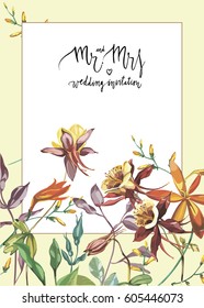 Floral frame with red flowers on light background. Greeting card or template for wedding's Day design. Lettering - Mr and Mrs, wedding invitation. EPS10
