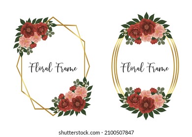 Floral Frame Red Peony with Pink Camellia flower Design Template, Digital watercolor hand drawn