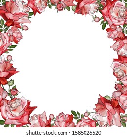 Floral frame of red pink flowers roses and green leaves on white background. Copy space. Hand drawn. For your design, greeting cards, wedding invitation. Vector stock illustration.