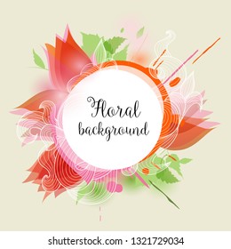 Floral frame, red tulips and green plants with round space for text
