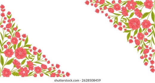 Quadro floral com flores silvestres vermelhas. Design botânico, decoração horizontal. Flores, folhas, natureza de verão. Prado flores silvestres mistura, decoração. Ilustração de vetor plano isolada em fundo branco.