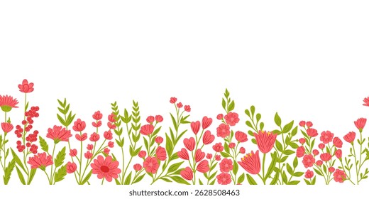 Floral frame with red wild flowers. Botanical design, horizontal decoration. Blossoms, leaves, summer nature. Meadow wildflowers mix, decor. Flat vector illustration isolated on white background.