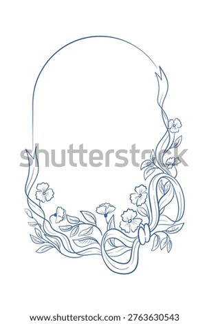 Floral frame with ribbon bow and blooming flowers in elegant line art style. Symbol of celebration, invitation, and romance with wreath, blossom, and bowknot accents. Cartoon vector illustration.