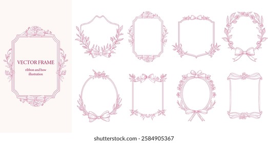 Floral Frame with ribbon and bow set . Pink color botanical vector illustration. Decorative border.