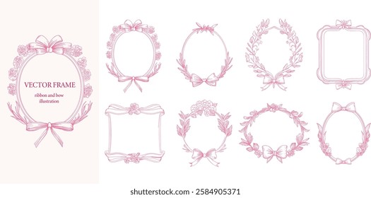 Floral Frame with ribbon and bow set . Pink color botanical vector illustration. Decorative border.