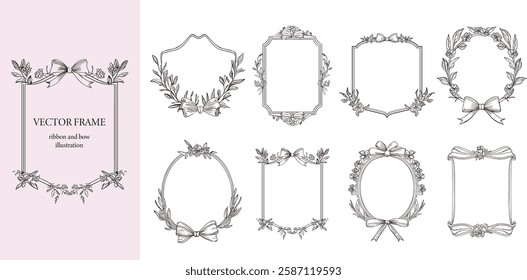 Floral Frame with ribbon and bow set . Hand drawn Botanical vector illustration. Flower wreath Black and white. 