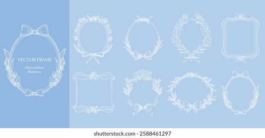 Floral Frame with ribbon and bow set . Hand drawn Botanical vector illustration. Flower line wreath white color. 